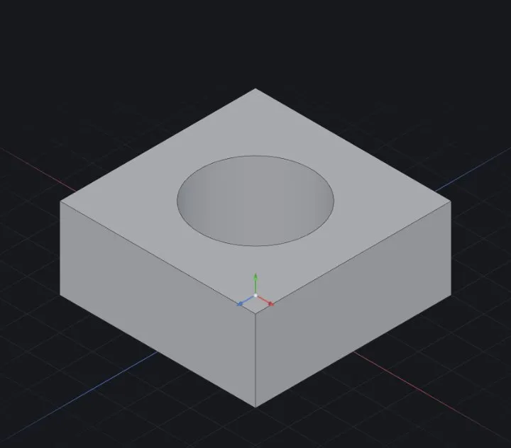 Combine ▸ Subtract: a Ø34 cylinder removed from a 60×60×25 block