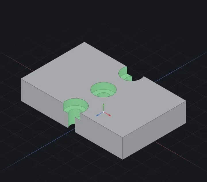 Three Ø8 counterbored holes placed on the top face in one step