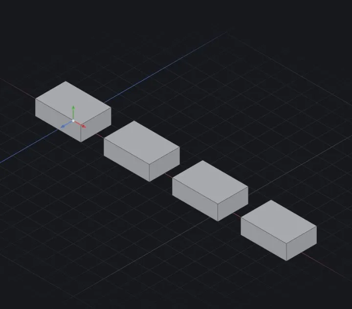 Move/Copy với Copies = 3: khối gốc đứng yên và ba bản sao dàn hàng cách nhau 45 mm