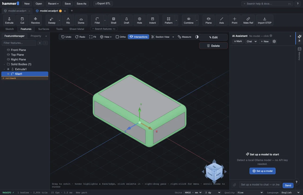 The hammer8 window — ① top bar ② ribbon ③ Feature Tree ④ viewport ⑤ AI assistant ⑥ status bar